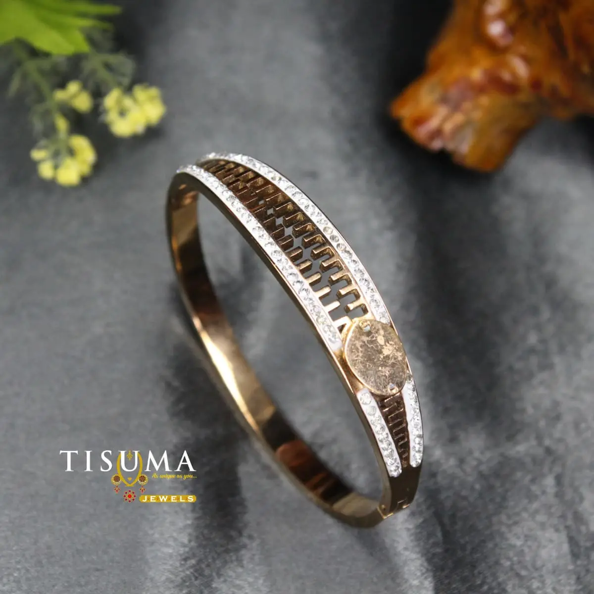 Industrial Zipper Track Dual Pavé Zircon Rose Gold Anti-Tarnish Kada Bangle